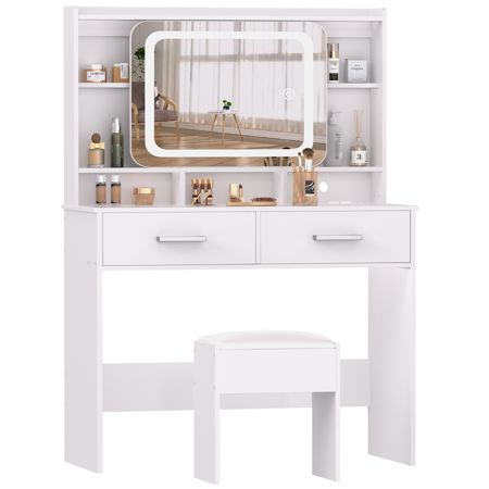 a white desk with a mirror and stool in front of it on a white background