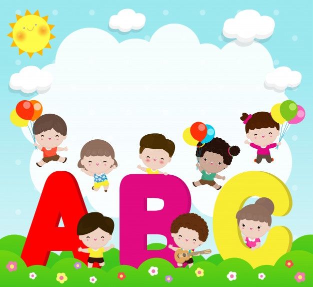 children are standing in the grass with balloons and letters that spell out the word abc