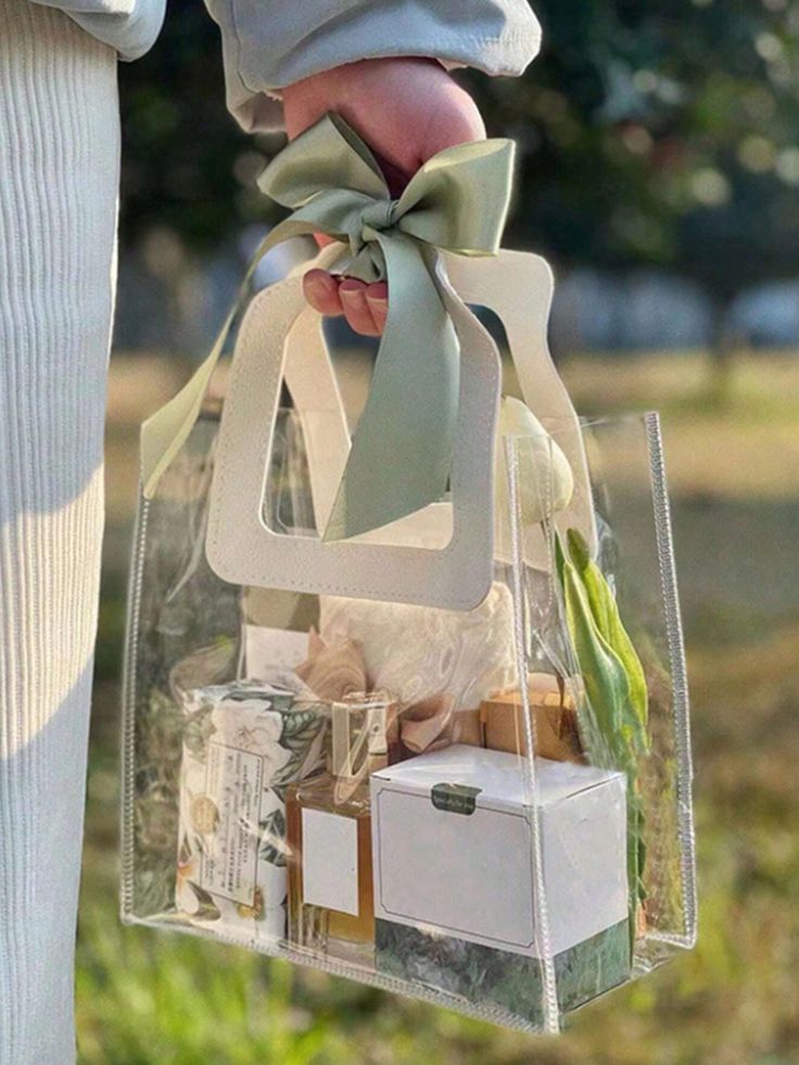 a person holding a clear bag filled with items