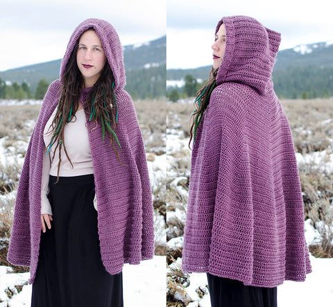 two photos of a woman wearing a purple hooded ponchy