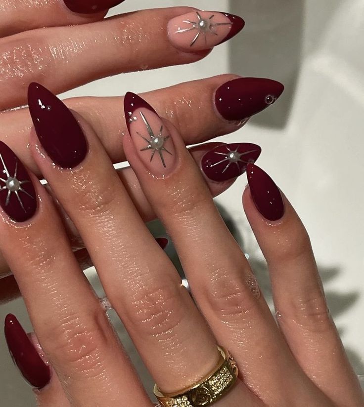 Oxblood Nail Designs, Burgundy Nails Prom, Ruby Red Nails Designs, Almond Vs Stiletto Nails, Crimson Nail Designs, Goth Red Nails, Almond Nails Designs Red, Maroon Almond Nails, Grunge Nails Ideas