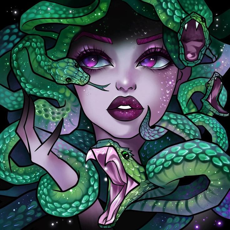 a woman with purple eyes and green snakes on her head, in front of a black background