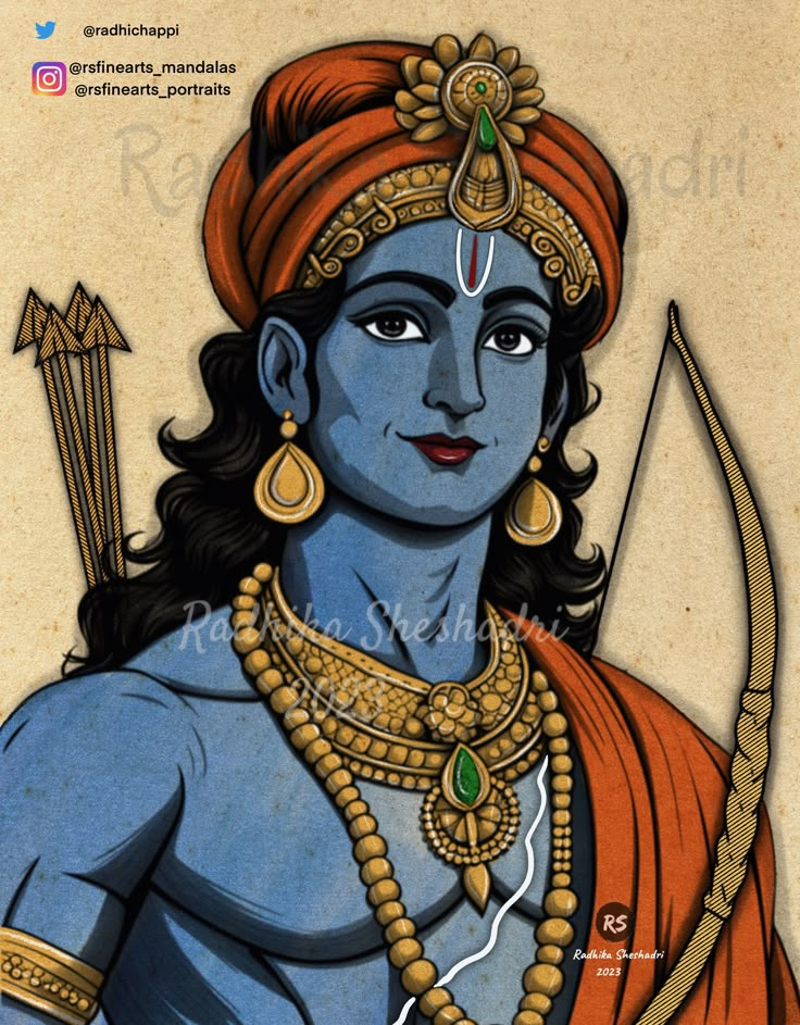 the avatar of lord rama with an arrow in his hand and two arrows on his chest