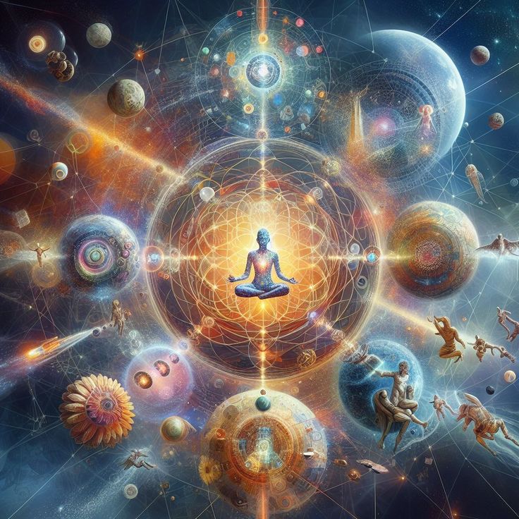 a person sitting in a lotus position surrounded by planets