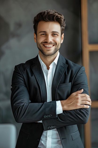 a man with his arms crossed in front of him, wearing a black suit and white shirt