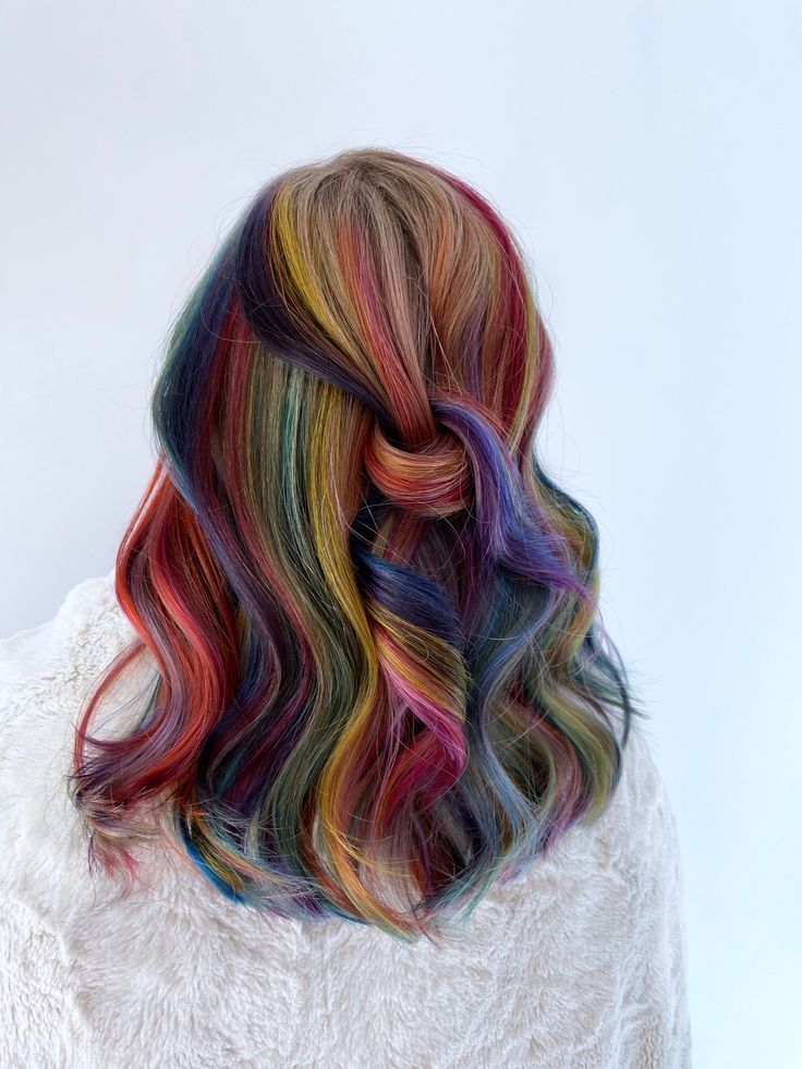 Vivid Hair Color Streaks, Rainbow Hair For Brunettes, Copper And Rainbow Hair, Rainbow Hair Underneath Brown, Fall Rainbow Hair, Rainbow Highlights In Brown Hair, Autumn Rainbow Hair, Peekaboo Vivids, Brown Hair With Rainbow Highlights