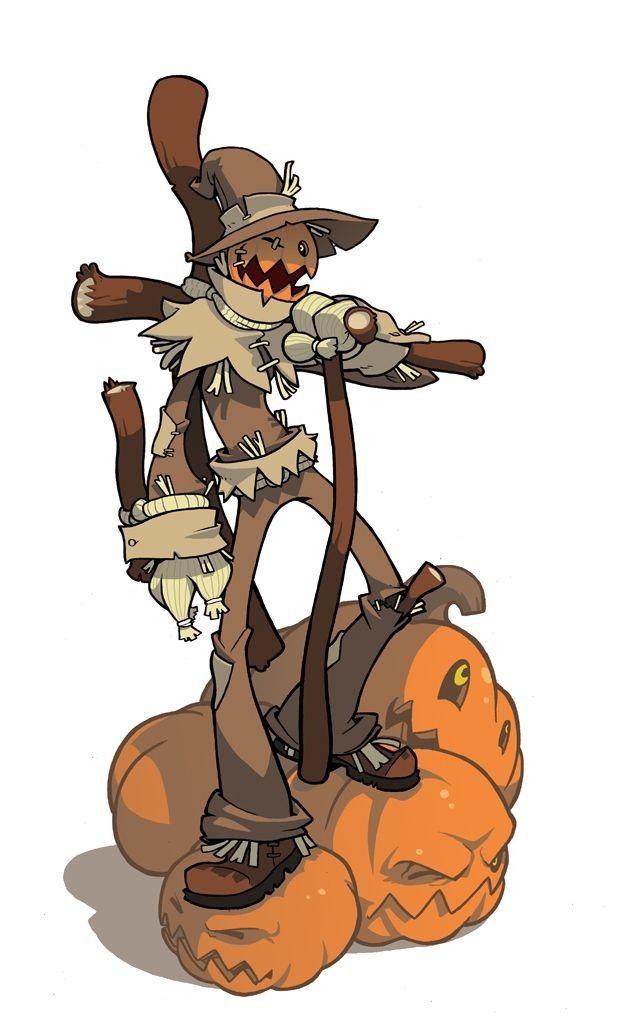 a drawing of a scarecrow standing on top of an orange jack - o'- lantern