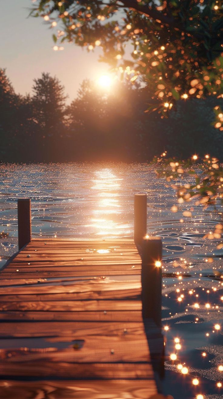 the sun shines brightly through the trees as it reflects in the water near a dock