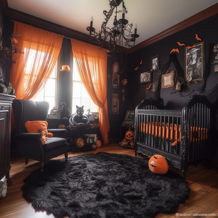 a baby's room decorated in black and orange