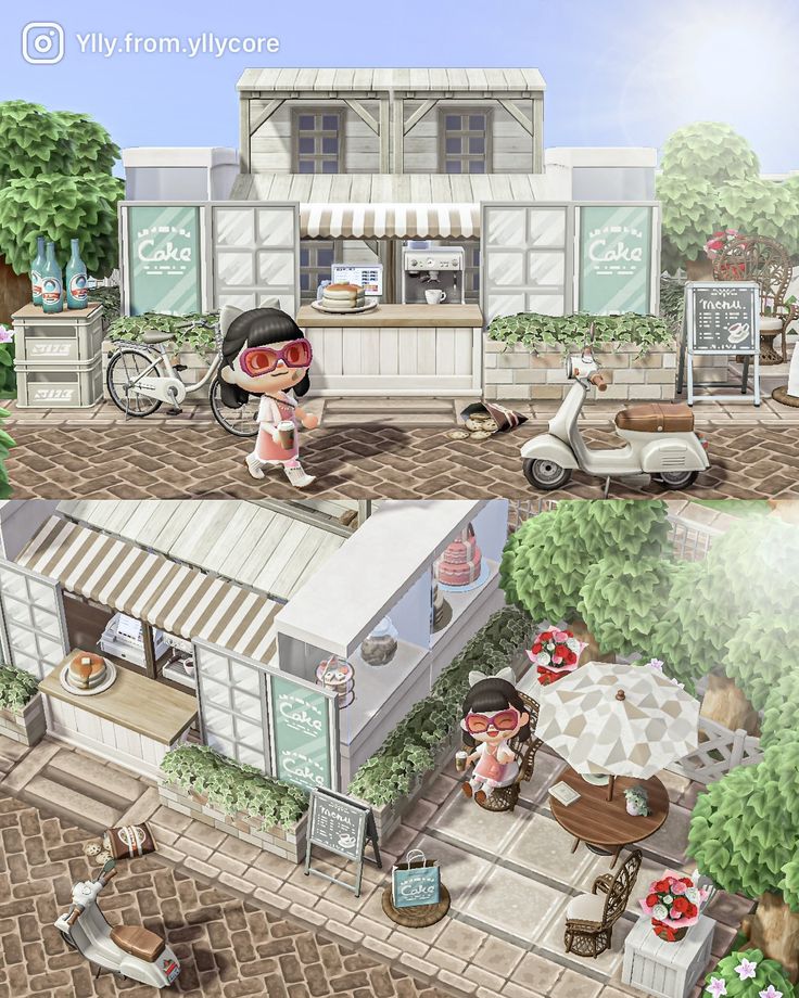 an animated image of a woman standing in front of a small store with food on display