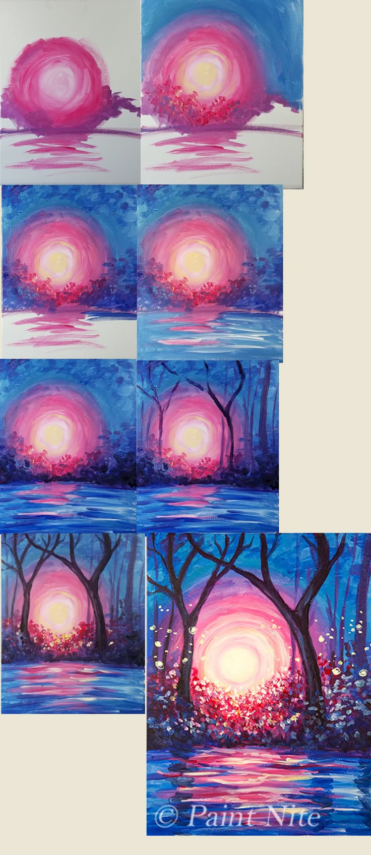 four different paintings of trees and water at sunset