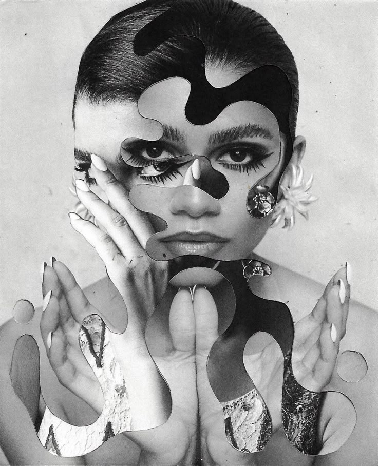 a black and white photo of a woman with her hands on her face, wearing makeup