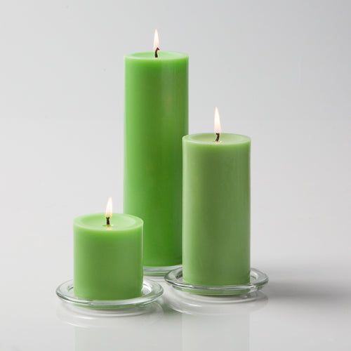 Richland Pillar Candles 3x3, 3x6 & 3x9 Green Set of 18 Green Pillar Candles, Bouquet Succulent, Green Candles, Glass Pillar Candle Holders, Beverage Glasses, Home Weddings, Green Candle, Pillar Candle Holders, Light Spring