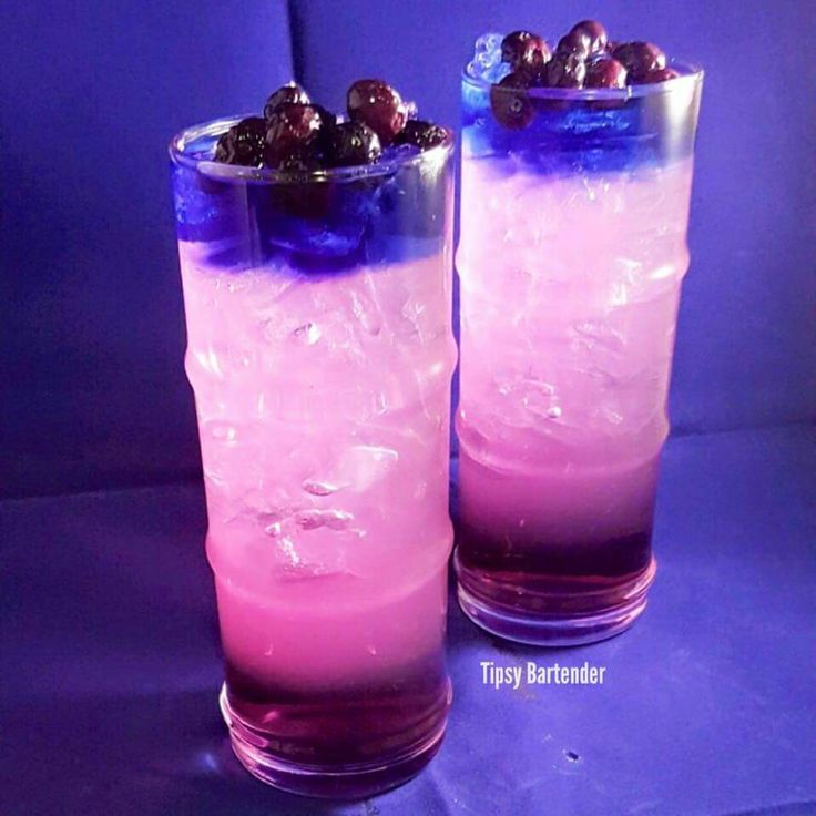 two glasses filled with purple liquid and cherries on the rim, sitting next to each other