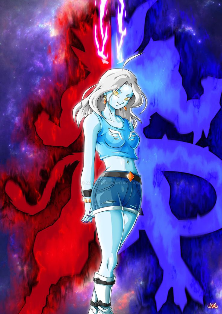 an anime character standing in front of a red and blue background