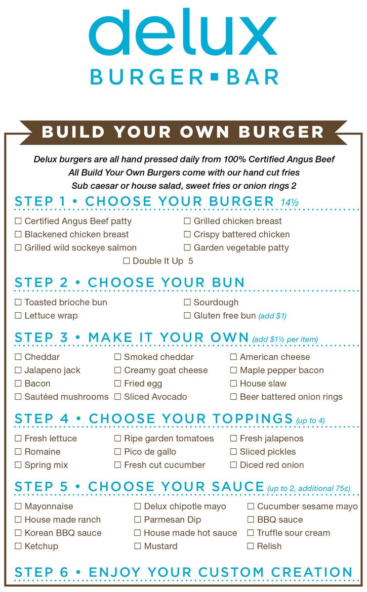 a menu for delux burger bar with instructions on how to order and where to order