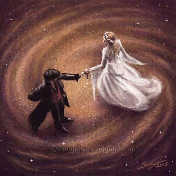 a painting of a man and woman holding hands in front of a star filled sky