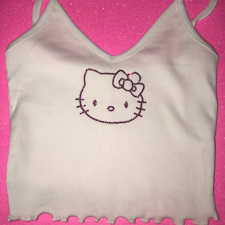 Handmade With Love This Is A White Rib Knit Cami Top With Pink Rhinestones And A Hello Kitty Design. Fits Size Small And Is Super Stretchy. 97% Cotton 3% Elastane #Hellokitty #Sanrio #Croptop #Rhinestones #Y2k Hello Kitty Aesthetic Outfit, Hello Kitty Rhinestone, Rhinestone Crop Top, Taekwondo Wallpaper, Hello Kitty Design, Y2k Hello Kitty, Y2k Fits, Helix Piercings, Kitty Clothes