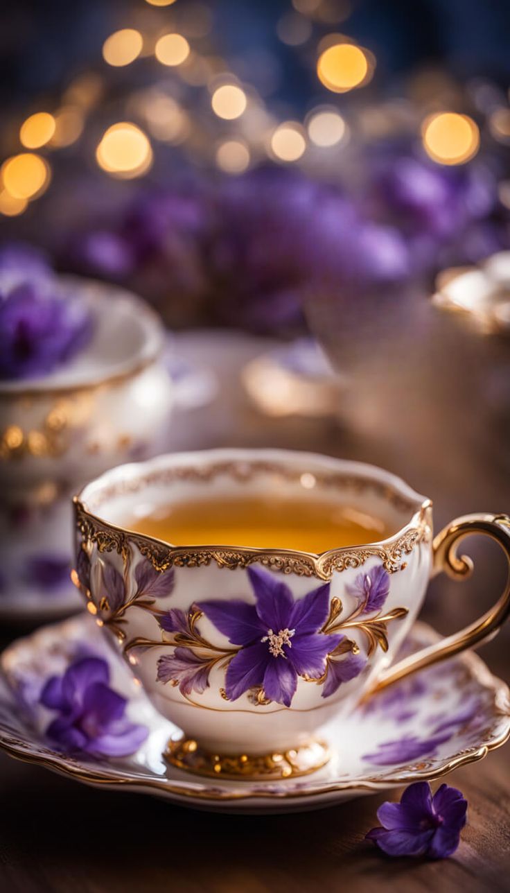 a tea cup and saucer with purple flowers on it