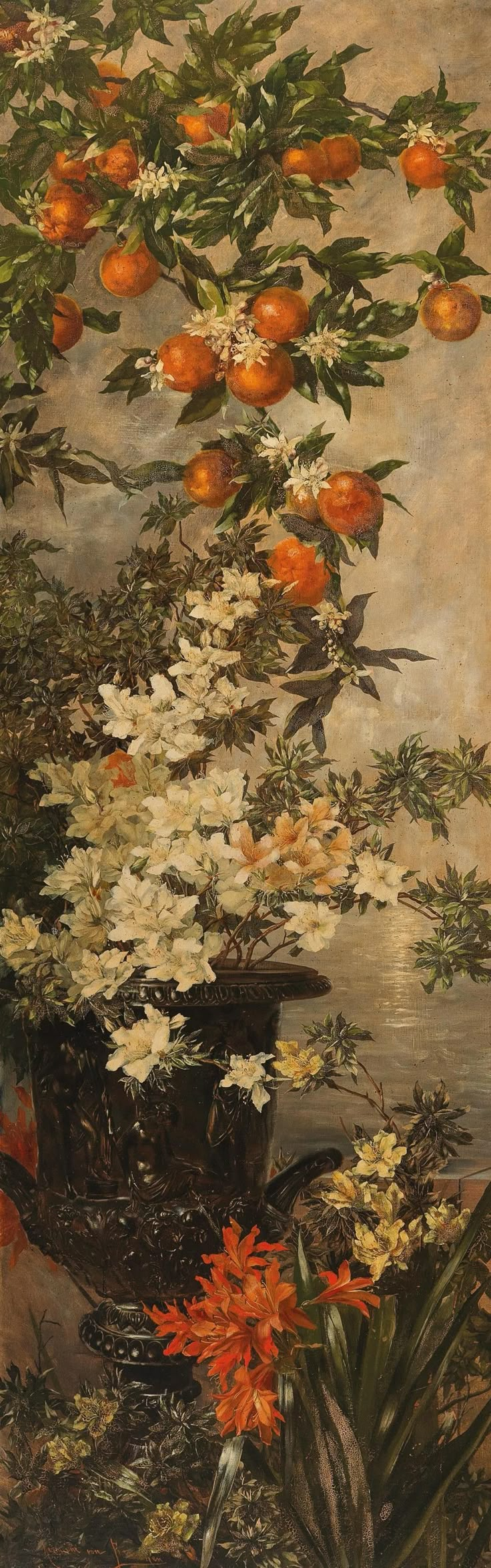 an oil painting of oranges and flowers in a vase