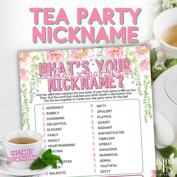 a tea party game with pink flowers and green leaves