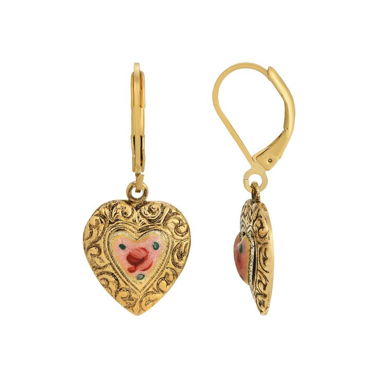 Feel feminine with these heart-shaped floral enamel drop earrings, perfect for any occasion. Feel feminine with these heart-shaped floral enamel drop earrings, perfect for any occasion. FEATURES 34mm L x 15mm W Backings: leverback Metal: alloy Alternative material: enamel Plating: gold tone Finish: antiqued Not appropriate for children 14 years old and younger. Size: One Size. Color: Pink. Heart Earrings Aesthetic, Thrifted Earrings, 60s Jewelry, 1928 Jewelry, Beautiful Pink Flowers, Vintage Inspired Jewelry, Heart Dangle Earrings, Heart Drop Earrings, Pink Enamel