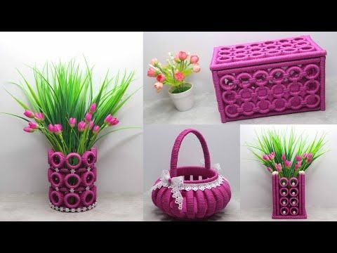 four different pictures of vases with flowers and grass in them, one is made out of plastic