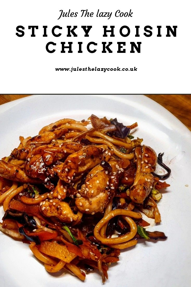 chicken stir fry on a white plate with text overlay that reads, tastes the easy cook sticky hoisin chicken