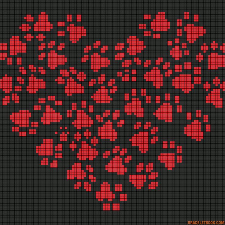 a cross stitch pattern with hearts and paw prints in red on black, for valentine's day