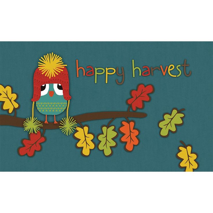 happy harvest door mat with an owl on a branch