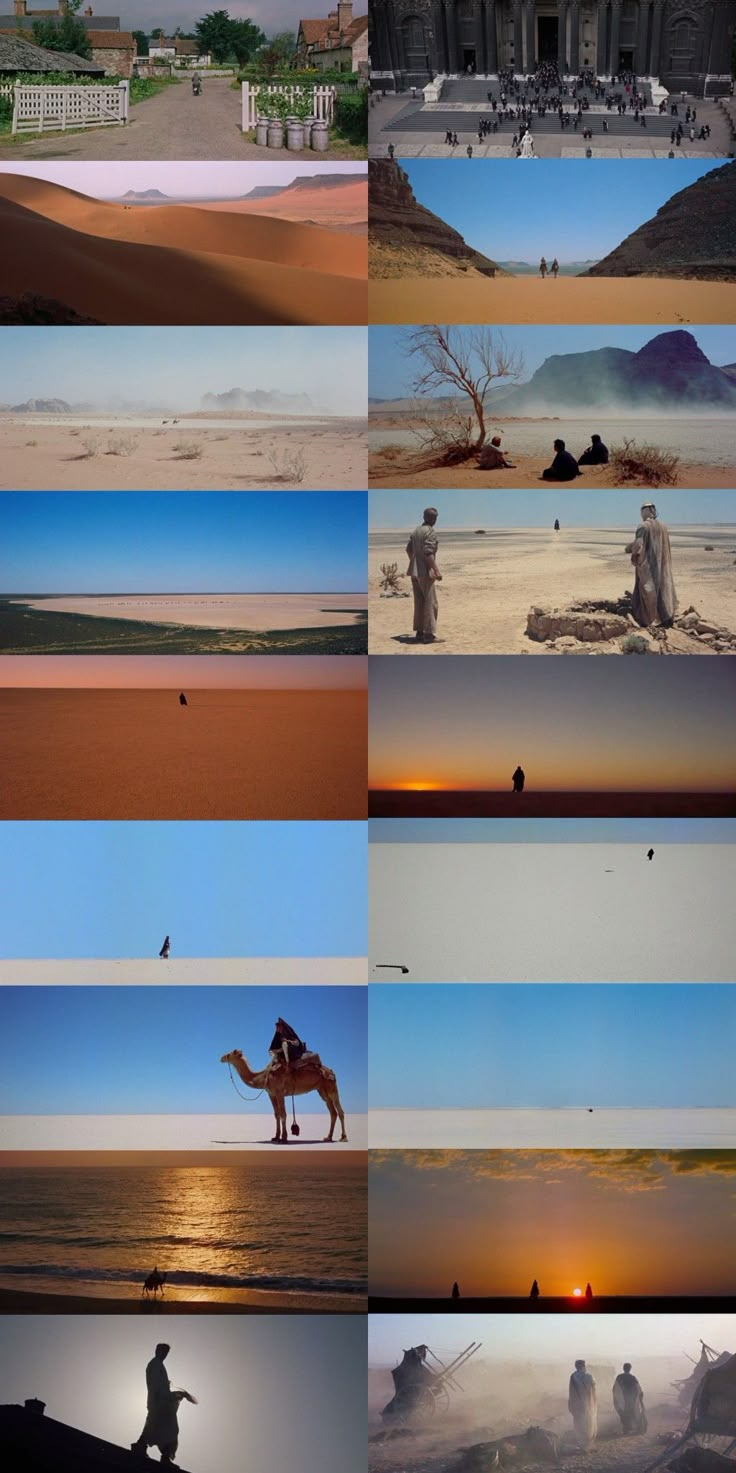 many different images of people riding camels in the desert