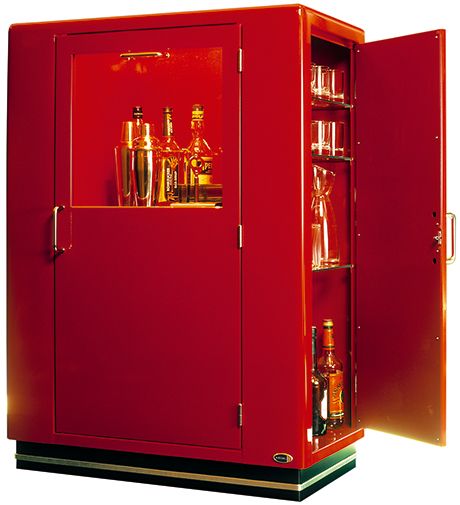 a red cabinet with bottles and glasses in it