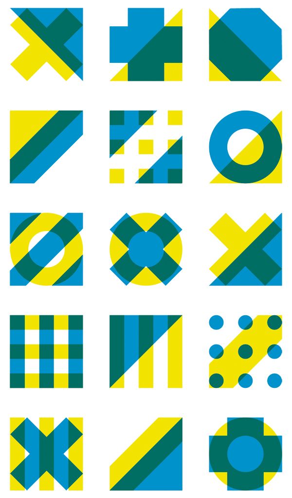 an abstract set of geometric shapes in blue, yellow and green on a white background