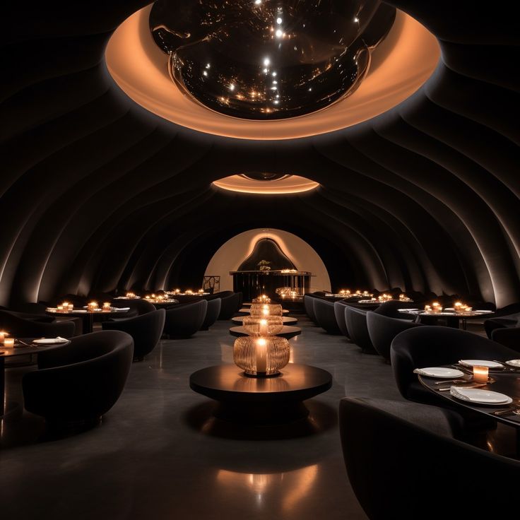 a dimly lit dining room with round tables and black chairs in the center, surrounded by candles