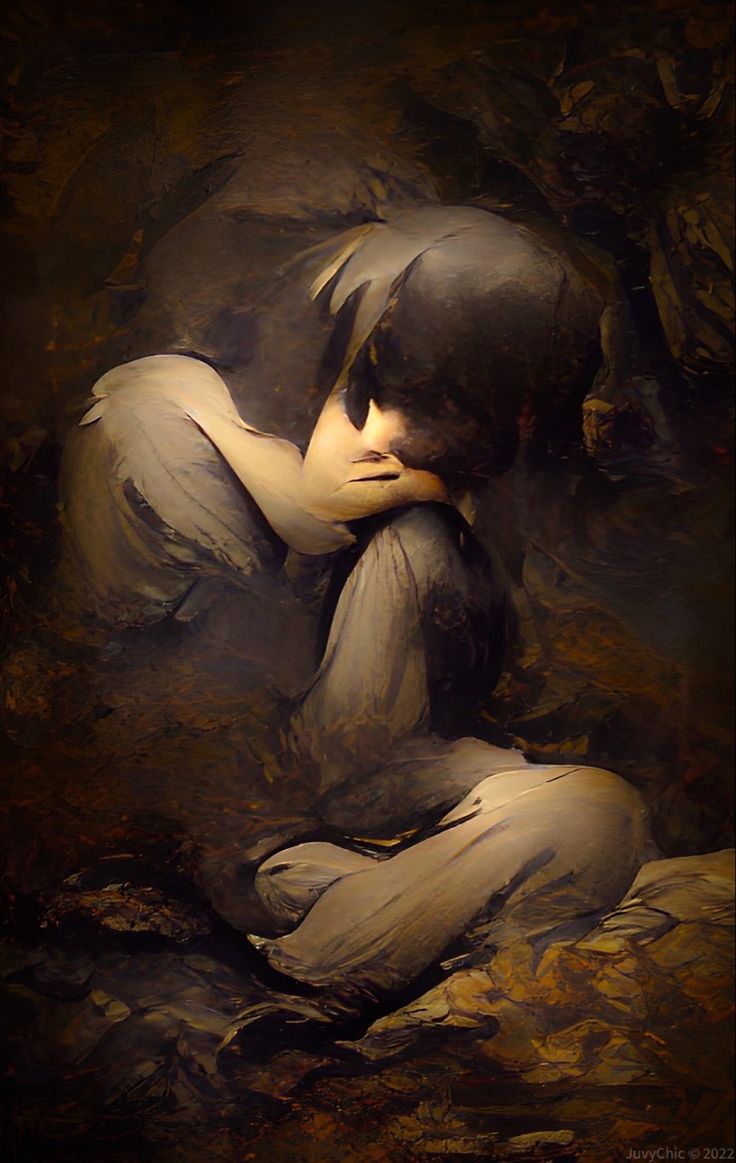 a painting of a woman sitting on the ground with her head resting on her hands