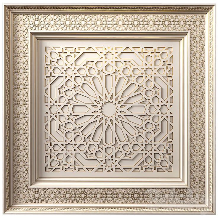 an intricately designed wall panel in white and gold, with the center cut out