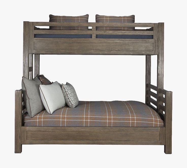 a wooden bunk bed with two pillows on it