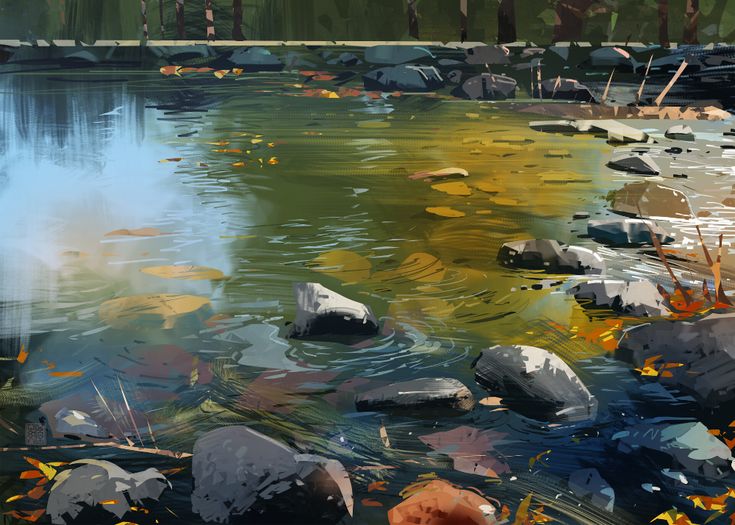 a painting of rocks in the water and grass on the ground next to some trees