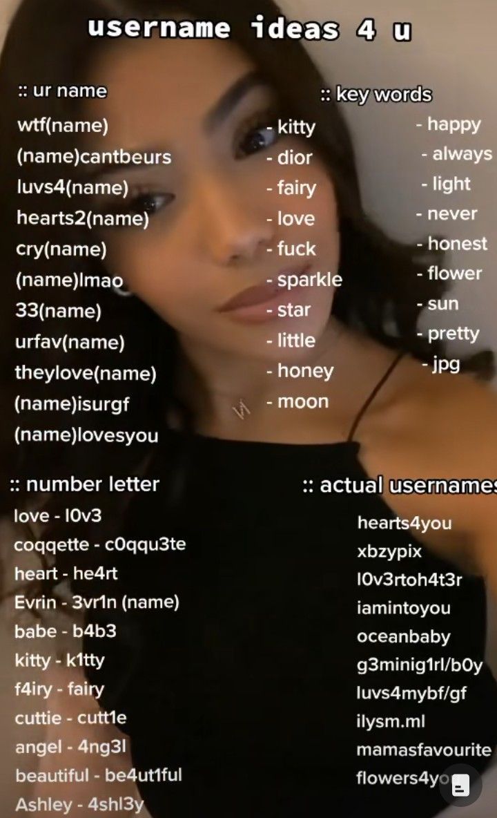 a woman in a black dress with the words username ideas 4 u on it