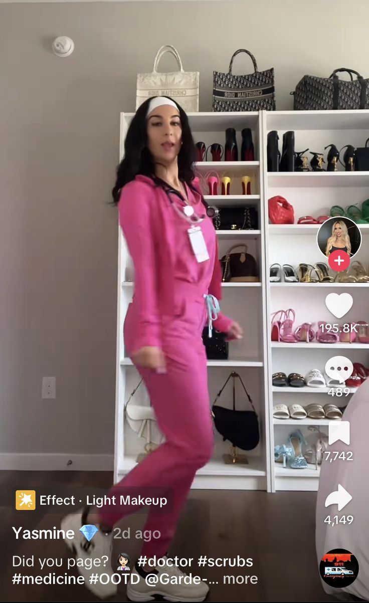 a woman standing in front of a closet full of shoes