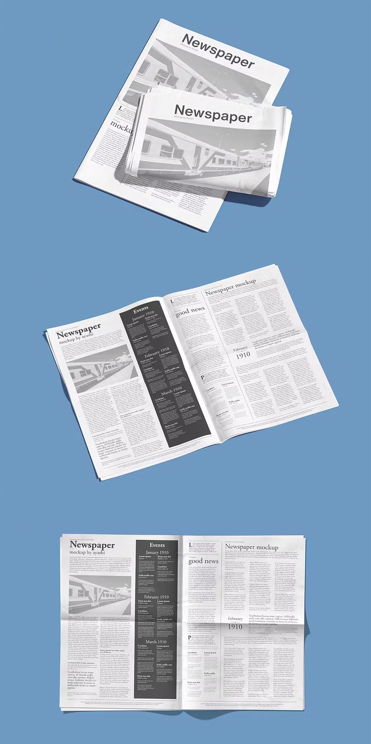 newspaper mockups are stacked on top of each other in this graphic style, with different colors