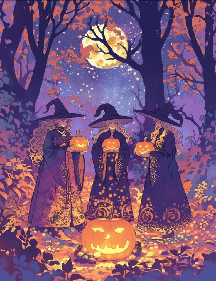 three witches with pumpkins in the woods