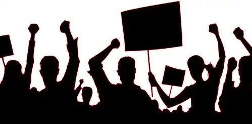 silhouettes of people holding up signs and placards in front of a white background