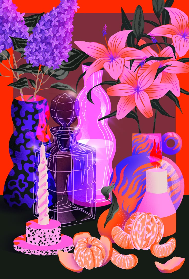 an image of vases with flowers and candles