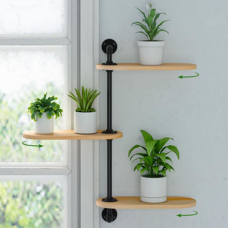 three wooden shelves with plants on them next to a window