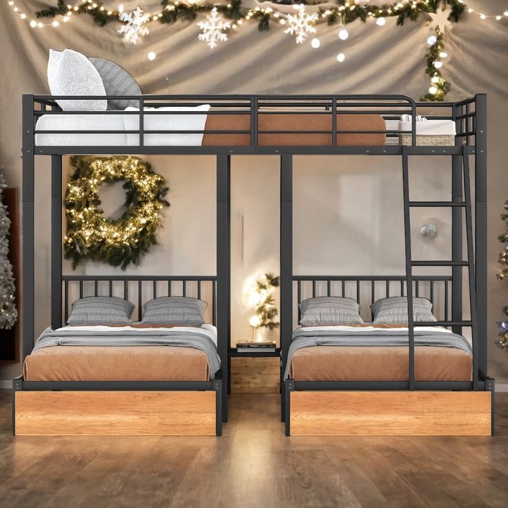 two bunk beds in a room with christmas decorations