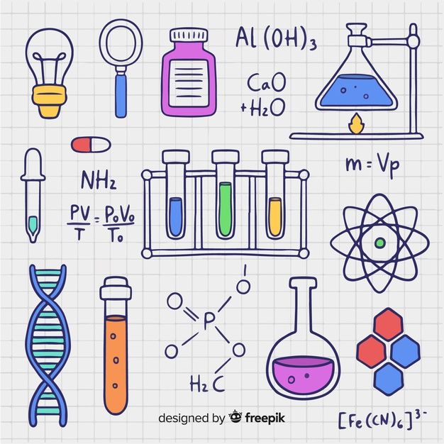 science doodles on lined paper with colored flasks, beakles and tubes