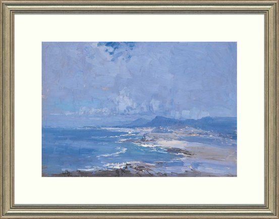 an oil painting of the ocean with blue sky and white clouds above it, framed in gold