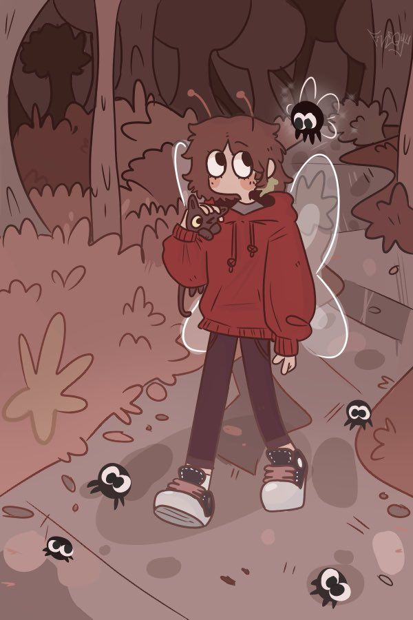 a cartoon character is standing in the woods with an insect on his shoulder and looking at something