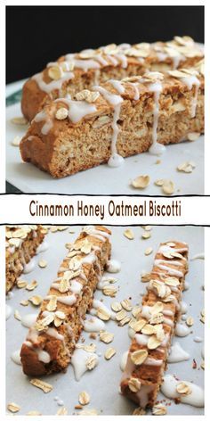 cinnamon honey oatmeal biscotti is cut into squares and placed on a plate